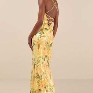 Lulus Glittering Icon Yellow Iridescent Sequin Lace-up Maxi Dress - Size XS